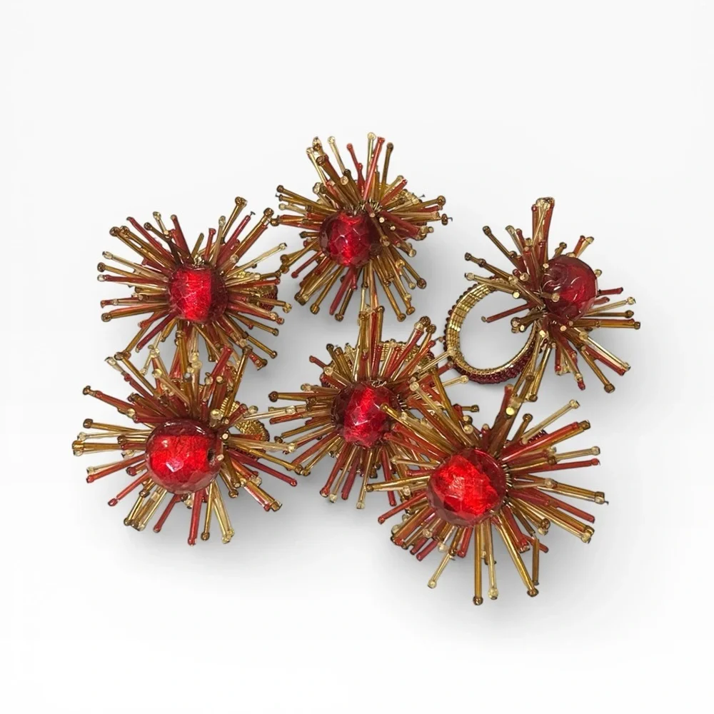 Vintage Pier 1 Atomic Starburst Red Beaded Napkin Ring Set of 6